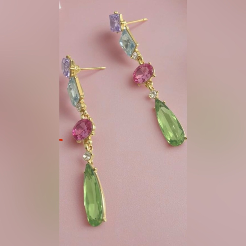 Cute Nordstrom 18KT Gold dip Multi Gemstone long dangle Earrings - Picture 2 of 3